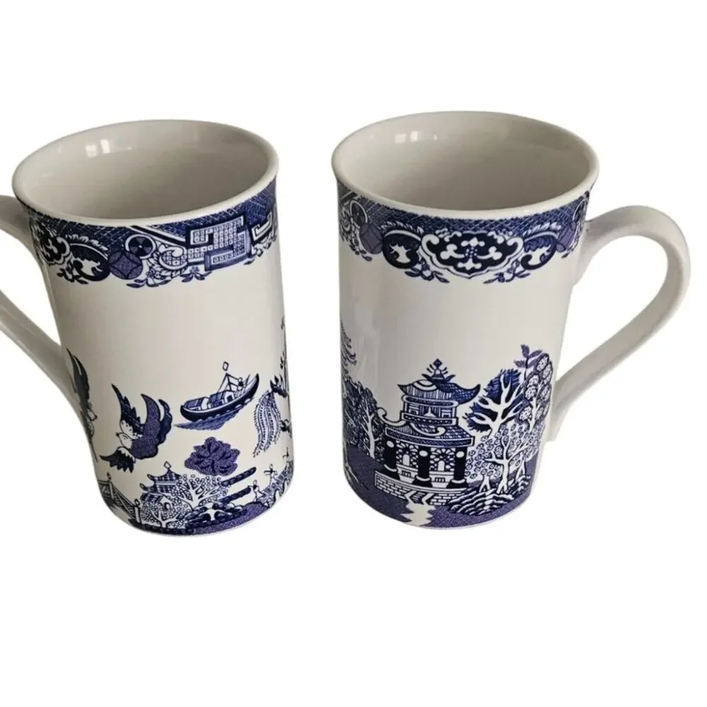 Royal Cuthbertson Blue Willow Mugs Set of 2 Blue White China